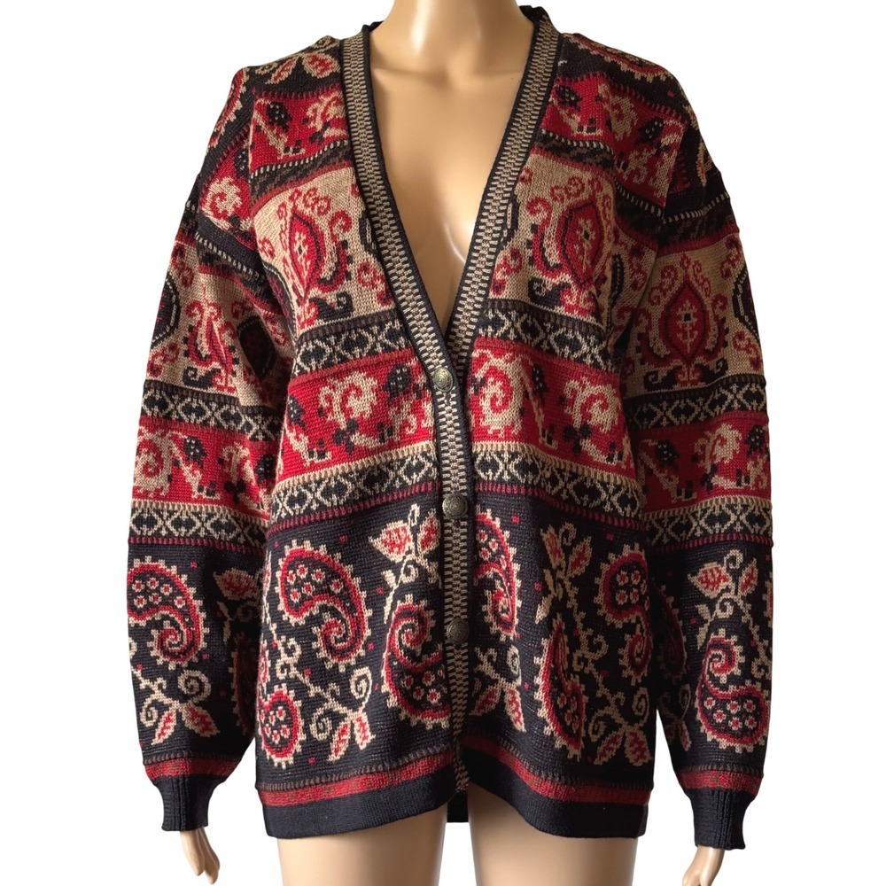 Pendleton Vintage 100% Virgin Wool Paisley Cardigan Sweater Red Black Men's M